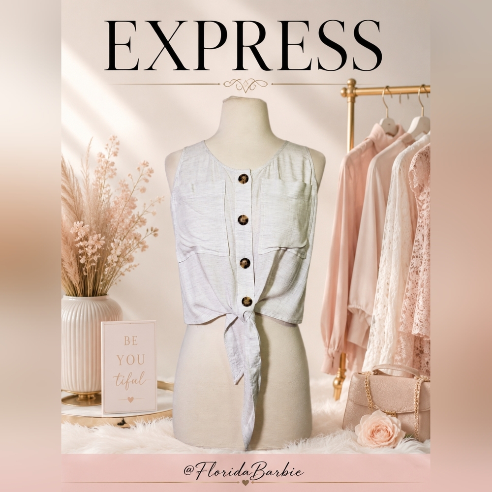 Express Crop Top Sleeveless Casual Light Gray Front Button Tie Summer Tank Top